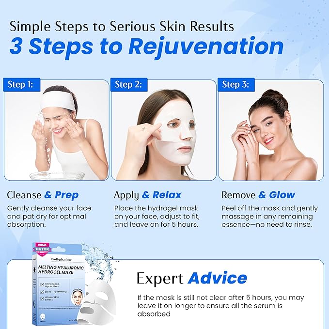 Melting Hydrogel Face Mask with Hyaluronic Acid – Deep Hydration & Pore Tightening, Glass Skin Look – Dermatologist Tested, Anti Aging Korean Skin Care, Vegan, Clean Beauty – Pack of 10