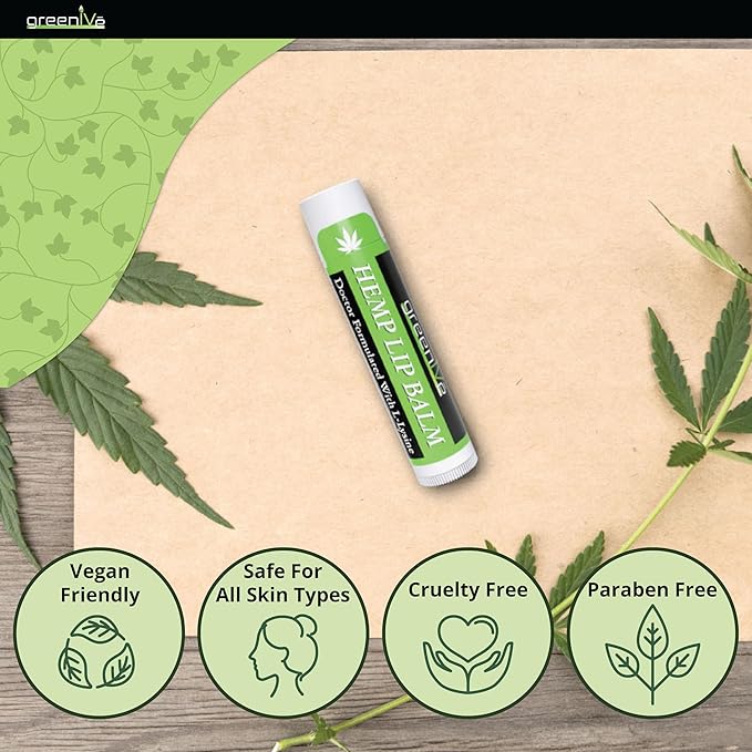 GreenIVe Hemp Lip Balm Vegan Hemp Seed Oil Omegas 3 6 Vitamin E L-Lysine Hydrating Handcrafted Natural Lip Care Chap Stick Moisturizing Balm for Dry Lips Cracked Lips Sensitive Lips (1)