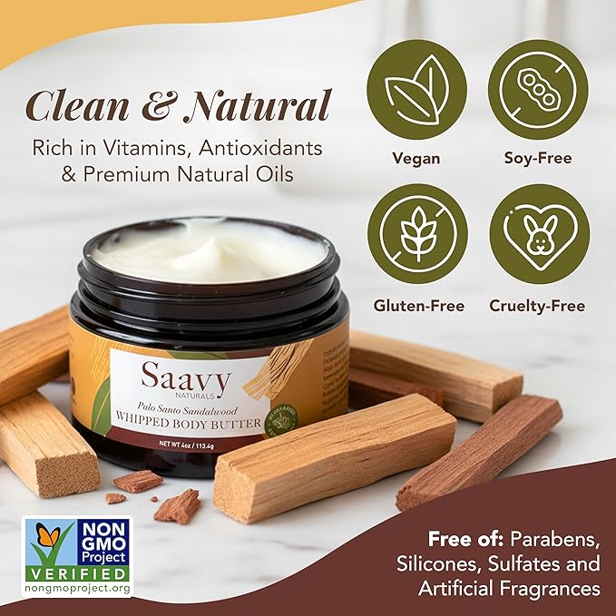 Saavy Naturals Whipped Body Butter - Made with Organic Shea Butter, Essential Body Care & Dry Skin Moisturizer for Women, Velvety Rich Cream Texture, Naturally Scented - Palo Santo Sandalwood, 4 oz