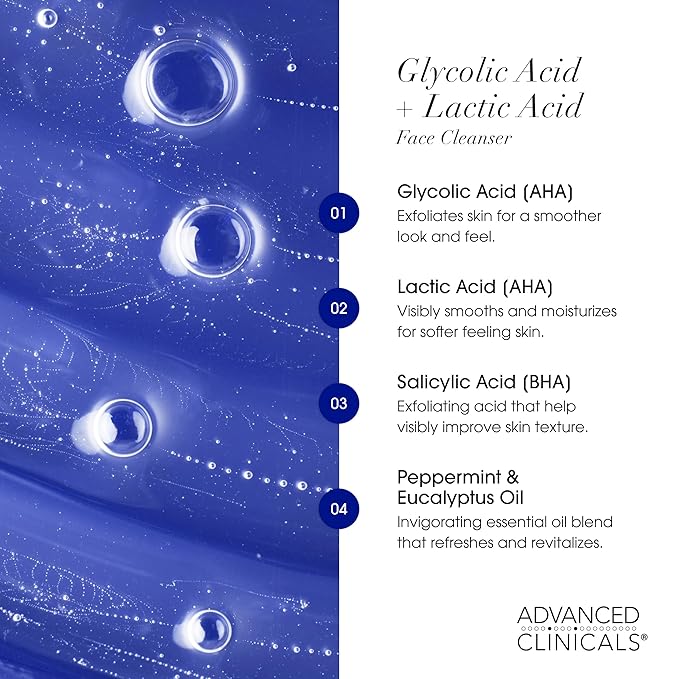 Advanced Clinicals Exfoliating Glycolic Acid & Salicylic Acid Face Wash + Hydrating Vitamin C Facial Cleanser 2pc AM/PM Skin Care Set For Women & Men To Gently Exfoliate & Cleanse Dirt & Oil, 2PC