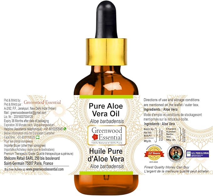 Greenwood Essential Pure Aloe Vera Oil (Aloe barbadensis) with Glass Dropper Premium Therapeutic Grade for Hair, Skin & Aromatherapy (Pack of Three) 100ml X 3 (10.1oz)