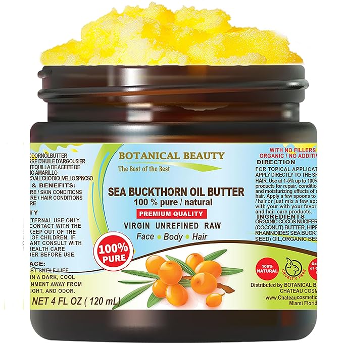Botanical Beauty SEA BUCKTHORN OIL BUTTER Pure Natural Virgin Unrefined RAW for FACE SKIN BODY HAIR NAILS, vitamin C (4 Fl Oz)