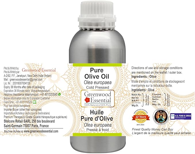 Greenwood Essential Pure Olive Oil (Olea europaea) Cold Pressed 630ml (21 oz)