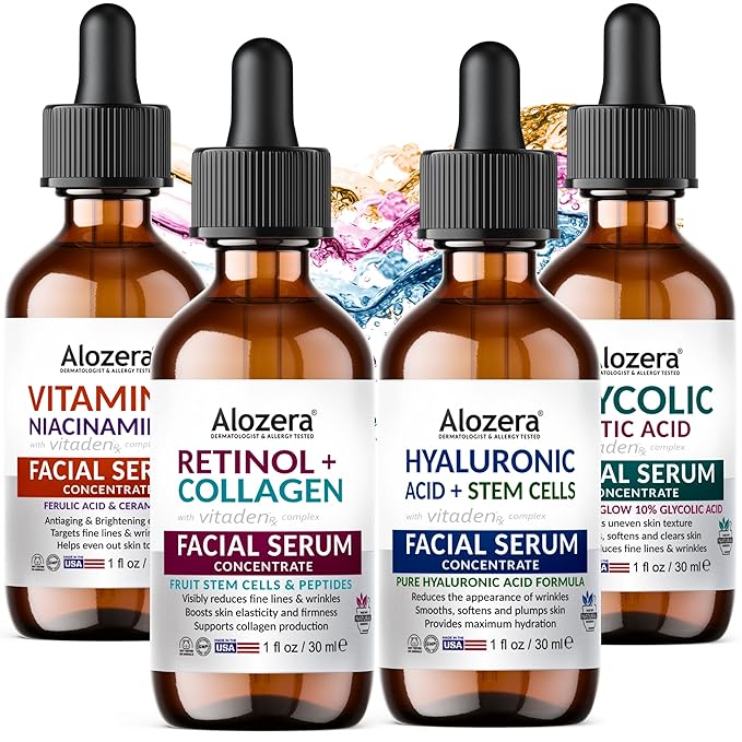 Alozera Face Serum Set of 4 with Retinol, Collagen, Vitamin C, Niacinamide, Hyaluronic Acid & Glycolic Acid, Exfoliating, Hydrating, Brightening, Anti-Aging Skincare, Serum Gift Pack of 4