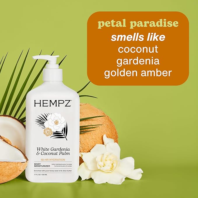 Hempz Body Lotion Moisturizer - White Gardenia & Coconut Palm - Daily Moisturizing Cream, Shea Butter, Coconut Oil - Skin Care Products, All Natural Hemp Seed Oil - 17 Fl Oz