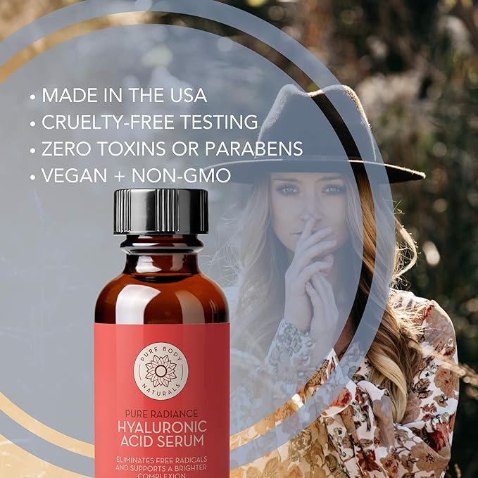 Pure Body Naturals Hyaluronic Acid Serum for Face - Pure Hyaluronic Acid with Vitamins C & E - Non-Greasy + Non-Comedogenic Formula, Age Defying, Wrinkle Reducing Facial Serum