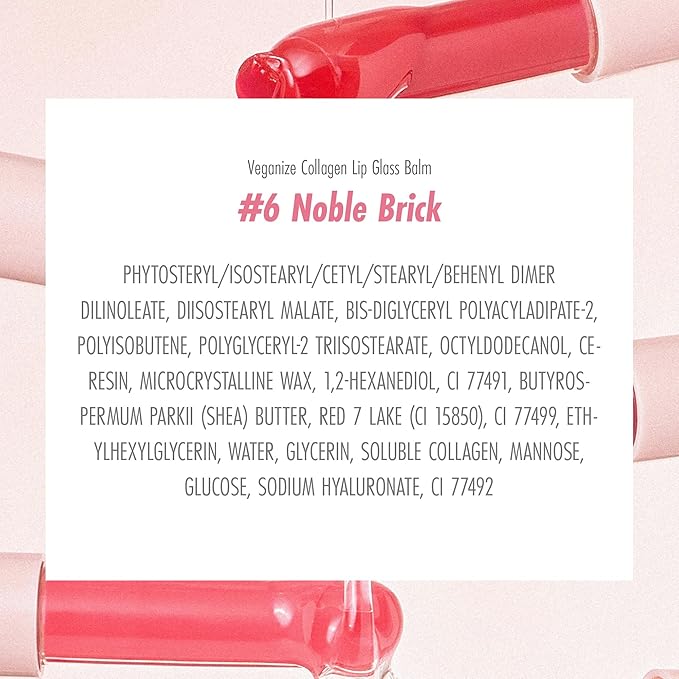 self beauty Veganize Collagen Lip Glass Balm - Hydrating Lip w/Hyaluronic Acid - Vegan Korean Lip Balm Moisturizing Lip Care – Lip Gloss Repair for Dry Cracked Lips 0.06 oz (#6 Noble Brick)