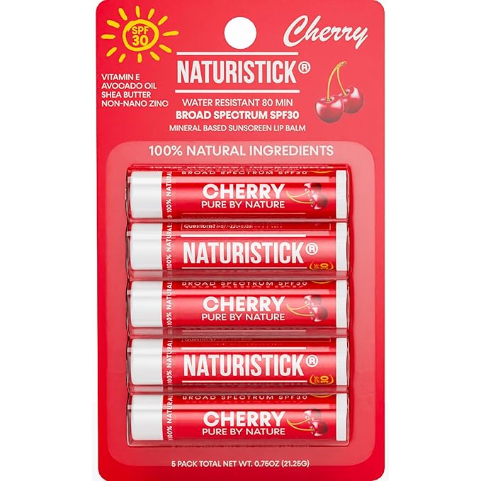 Naturistick UV Pro® Mineral SPF 30 Lip Balm – Cherry (5-Pack), Broad Spectrum Sun Protection