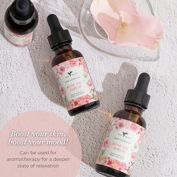 Baja Basics Rose Oil for Face, Rose Essential Oil, Face Serum for Skin, Hair and Nails, Unrefined Moisturizer, Hydrating Skincare Product 1 oz