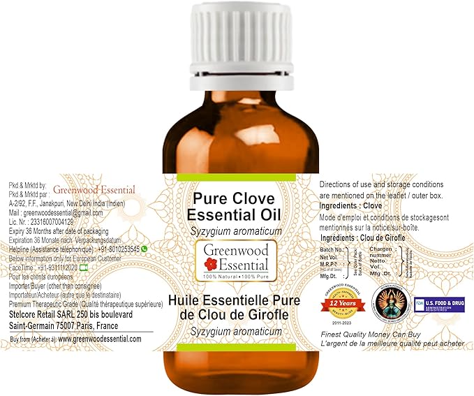 Greenwood Essential Pure Clove Essential Oil (Syzygium aromaticum) Steam Distilled (Pack of Five) 100ml X 5(16.9 oz)