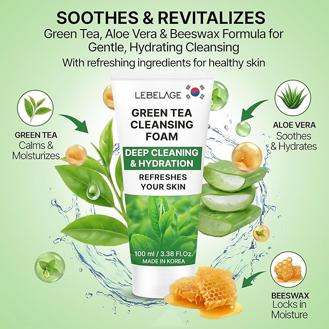 LEBELAGE Korean Green Tea Facial Cleanser 3.38 oz | Cleansing Foam Face Wash | Low pH Gentle Hydrating Daily Facial Cleanser Sensitive Skin | Deep Cleansing Foaming Cleanser, Pore Care-All Skin Types