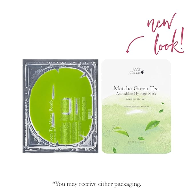 100% PURE Green Tea Water Bomb Mask (1 PC), Hydrating Face Mask with Hyaluronic Acid, Skin Care, Anti-Aging, Toning and Soothing Face Care - 1 PIECE