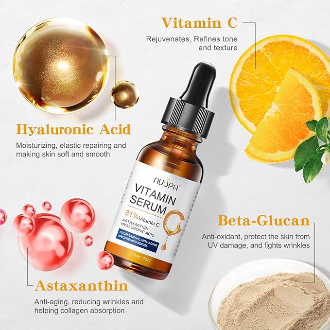 Vitamin C Serum for Face 2oz 31% Vitamin C Facial Moisturizer Anti Aging Reduces Age Spots and Sun Damage Natural Brightening Serum with Hyaluronic Acid and Astaxanthin