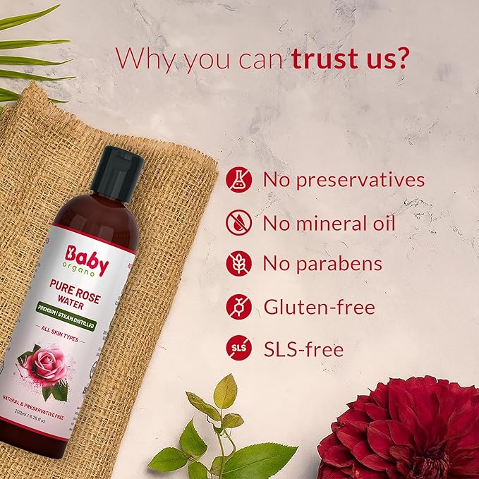Babyorgano Premium Rose Water 200ml | Pure & Natural Preservative Free Skin Toner, Face Cleanser | Balances PH | Tightens Pores | BOAZROSEWATERUS 200 ml (Pack of 1) Transparent