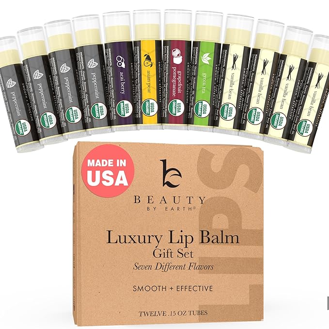 USDA Organic Lip Balm - USA Made with Natural Ingredients - 12-Pack (6 flavors) – Beeswax, Coconut Oil, Vitamin E – Moisturizing Chapstick for Dry, Cracked Lips – Lip Care Gift Set