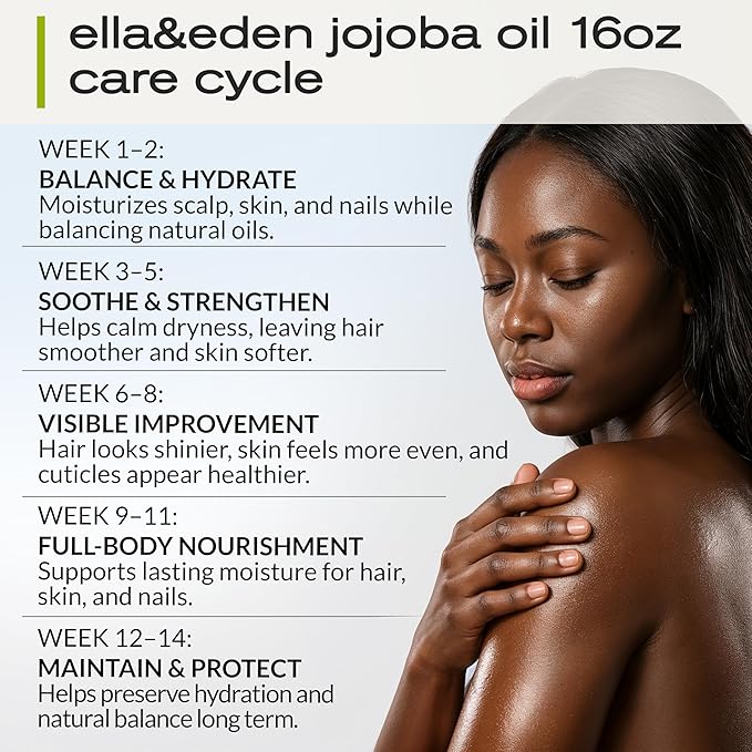 Ella & Eden 16 Oz Organic Jojoba Oil For Hair – USDA Certified – 100% Pure Cold-Pressed & Unrefined Moisturizer for Hair, Skin, Face & Nails, Hexane-Free Carrier Oil - Food Grade Plastic Bottle