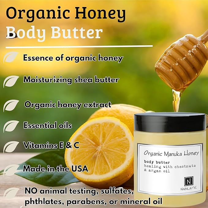 Nabila K Body Butter - Daily Moisturizer for Body Care - Skin Hydrating Deep Moisturizing - Natural Ingredients - Organic Honey - 2 oz
