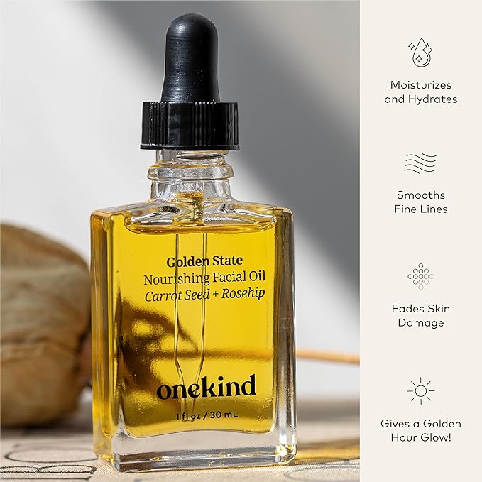 Onekind Golden State Anti Aging Botanical Face Oil with Rosehip Seed Oil, Sea Buckthorn Extract, Carrot Seed to Visibly Brighten, Firm, and Hydrate - Nourishing and Hydrating for Dry Skin