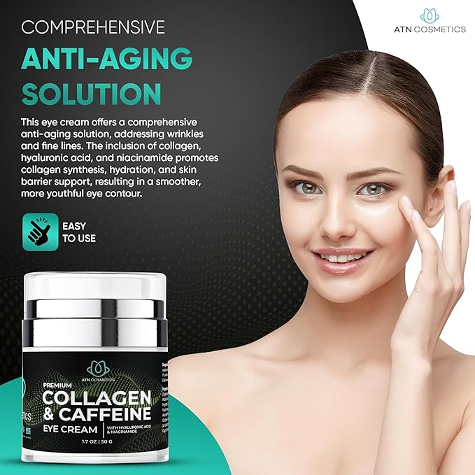 Caffeine Eye Cream, Collagen Eye Cream for all skin types, For Wrinkles & Dark Circles, and Puffiness, Infused with Hyaluronic Acid & Niacinamide, 1.7 OZ / 50 G