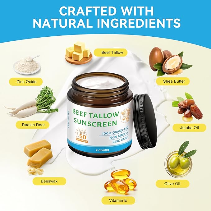 Beef Tallow Sunscreen SPF 50, Organic Grass-Fed Tallow Sunscreen with Non Nano Zinc Oxide, Natural Non-Greasy Formula for Face & Body, Water Resistant, Adult & kids, Reef Safe Travel Size, Unscented