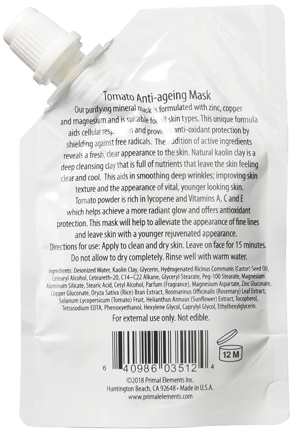 Primal Elements Face Mask, Clay Mud Facial Treatment, Multi-Use Package, 1.18 oz - Tomato Anti-Aging