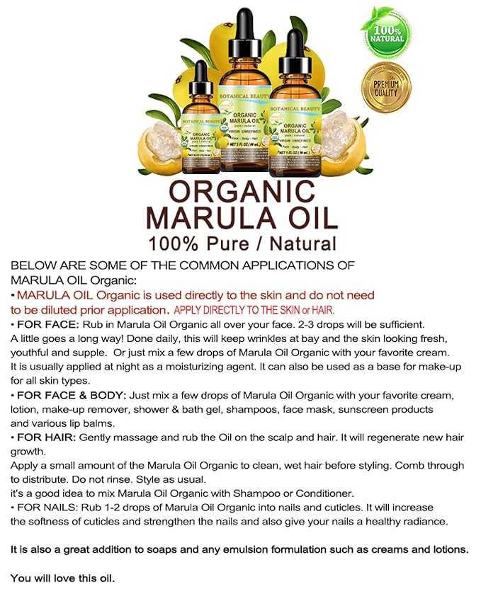 Botanical Beauty Organic MARULA OIL WILD GROWTH 100% Pure Natural Virgin, Unrefined Cold-Pressed Moisturizer for FACE, DRY SKIN, BODY, DAMAGED HAIR, NAILS, Anti-Aging (0.5 Fl Oz)