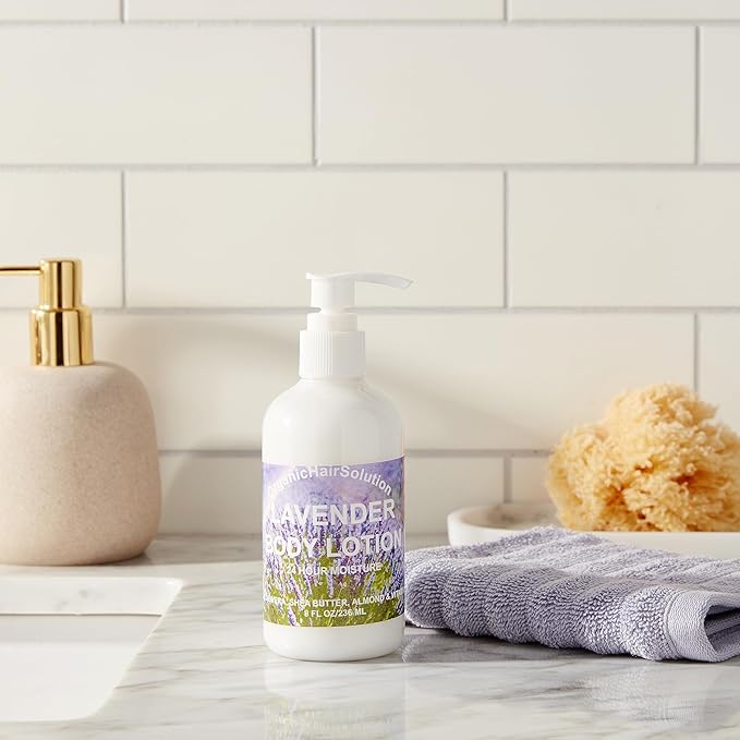 Organic Hair Solution-Body Lotion -Daily Moisturizing- with Soothing Aloe Vera and Vitamin E- Dry Skin, Non-Greasy-Shea Butter, Almond oil- For both Males & Females- Natural Fragrance-Vegan (Lavender)