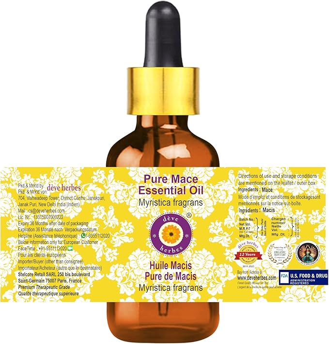 Deve Herbes Pure Mace Essential Oil (Myristica fragrans) with Glass Dropper Steam Distilled 5ml (0.16 oz)