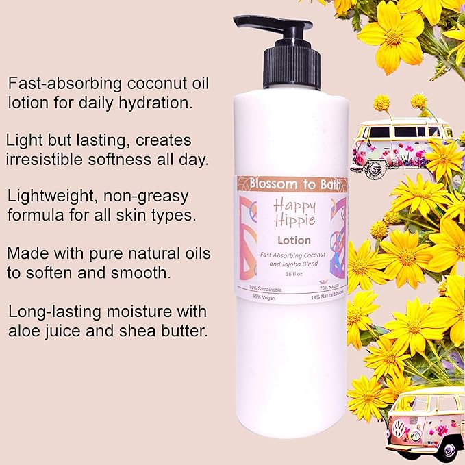 Blossom to Bath Happy Hippie Lotion (16 ounce) - Pure Essential Oil Fragrance - Absorbs Quickly with a Sweet Happy Herbal Scent