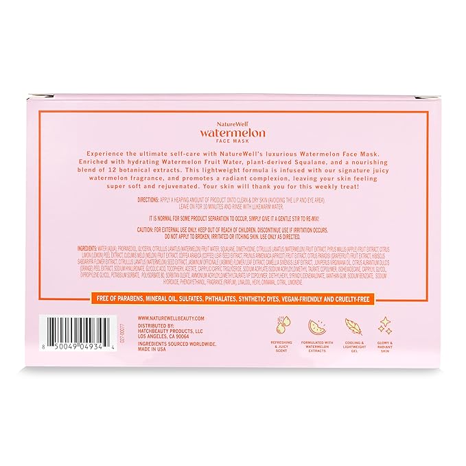 NATURE WELL Watermelon Face Mask, Enriched with Hydrating Watermelon Fruit Water & Plant-Derived Squalane, Promotes A Radiant & Moisturized Complexion, 2 Oz Each (Pack of 2)
