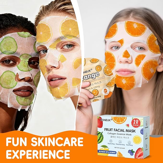 KONEUK 18 Pack Colorful Fruit Face Masks Skincare for Women, Bulk Sheet Hydrating Facial Mask for All Skin Types, Collagen Face Mask for Skin Care, Teacher Gifts, Mothers Day Gifts, Spa Party Gifts