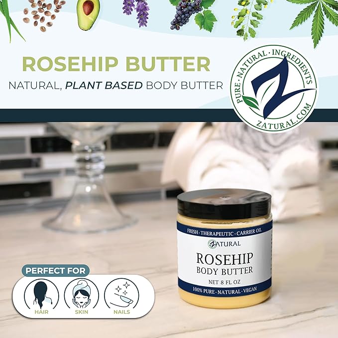 Zatural Organic Seed ROSEHIP BUTTER w/ Virgin Shea (8 oz)- Pure Vitamin C for the Face, Hair & Body | Soothe, Heal | Safe for all ages (8 oz)