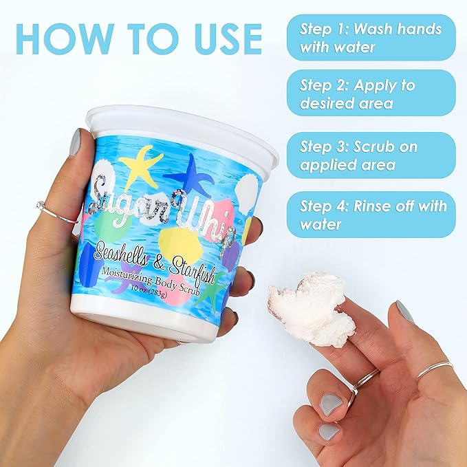 Primal Elements Sugar Whip Exfoliating Scrub Body and Face Cleanser for Silky Smooth Moisturize All Skin Types Seashells & Starfish 10 Ounce