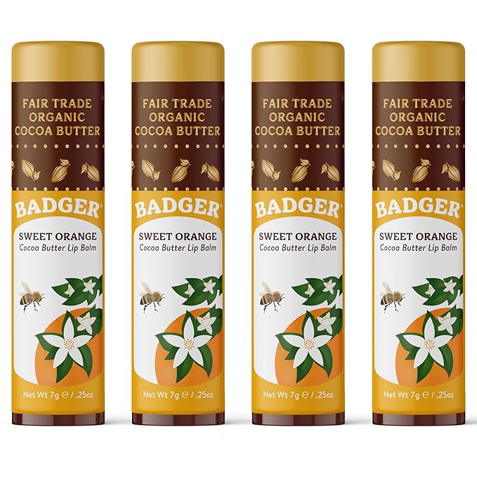 Badger Sweet Orange Cocoa Butter Lip Balm, 100% Organic Lip Balm, Hydrating Long Lasting Lip Moisturizer, Large Stick Lip Care, 4-pack