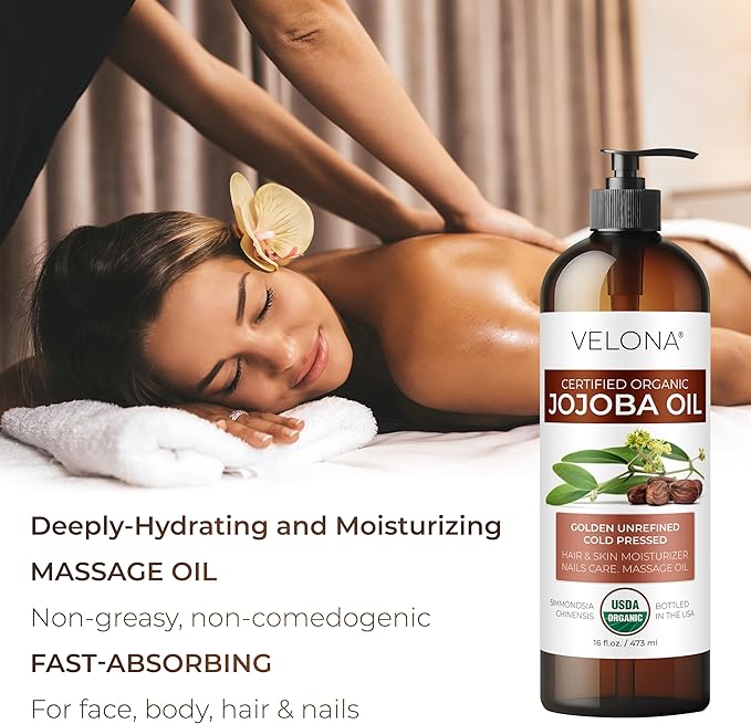velona Jojoba Oil USDA Certified Organic - 8 fl oz (With Pump) | 100% Pure and Natural | Golden, Unrefined, Cold Pressed, Hexane Free | Moisturizing Face, Hair, Body, Skin Care