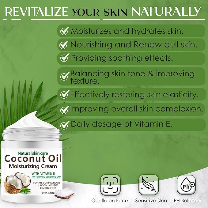 Coconut Oil Cream. Spa size 10.5 oz Moisturizing Cream. Coconut Oil for Face, Hands, Hair. Intense Hydration For Dry Skin (8)