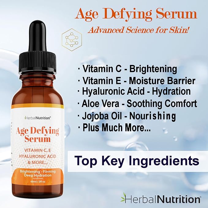 Age Defying Serum – Vitamin C & Hyaluronic Acid Facial Serum – Hydrating & Antioxidant Skincare with Aloe, Jojoba Oil & Botanical Extracts – 2 oz