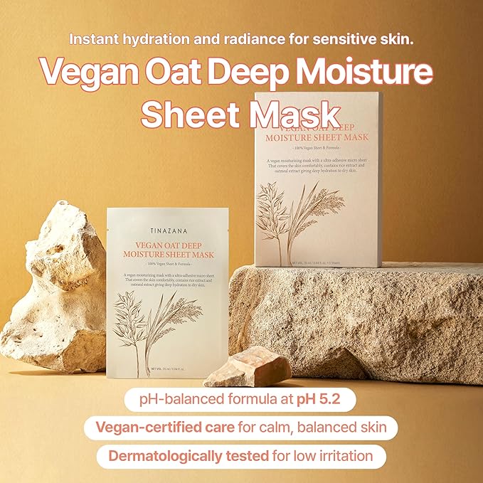 Vegan Oat Deep Moisture Sheet Mask, pH Balanced with Rice & Oat Extracts, Hyaluronic Acid, Plant-Based Microfiber, 5 Sheets