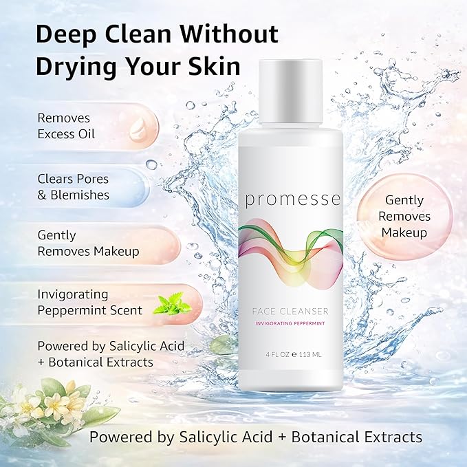 promesse Acne Control Facial Cleanser with Glycolic & Salicylic Acid | Anti-Aging Gentle Exfoliating Face Wash | Peppermint Scented Hydrating Cleanser with Natural Ingredients for Skin Wash - 4 fl oz