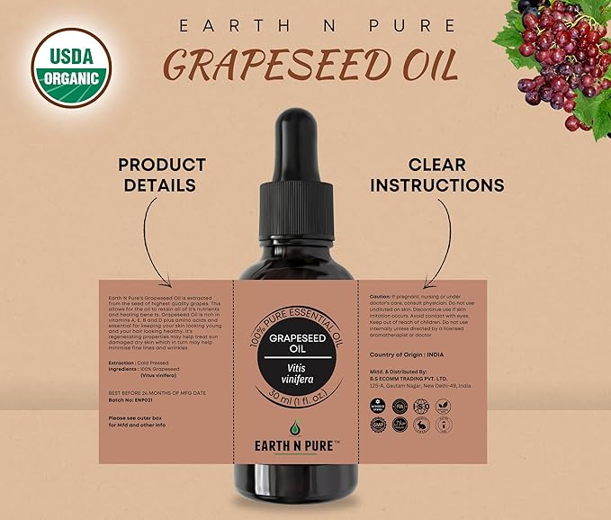 Earth N Pure Grapeseed Oil Cold Pressed, Natural and Therapeutic Grade 50 ml