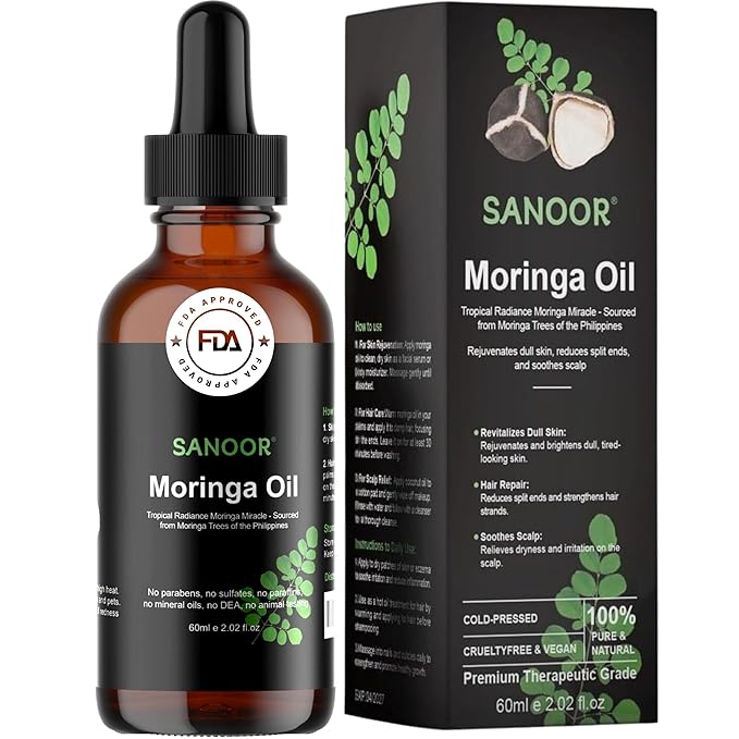 SANOOR Moringa Miracle Oil | FBA Approved | 100% Pure & Cold-Pressed | Deeply Hydrating Oil for Hair & Skin with Natural Nutrient-Rich Hair Butter for Strength & Shine | 2.02oz (60ml)