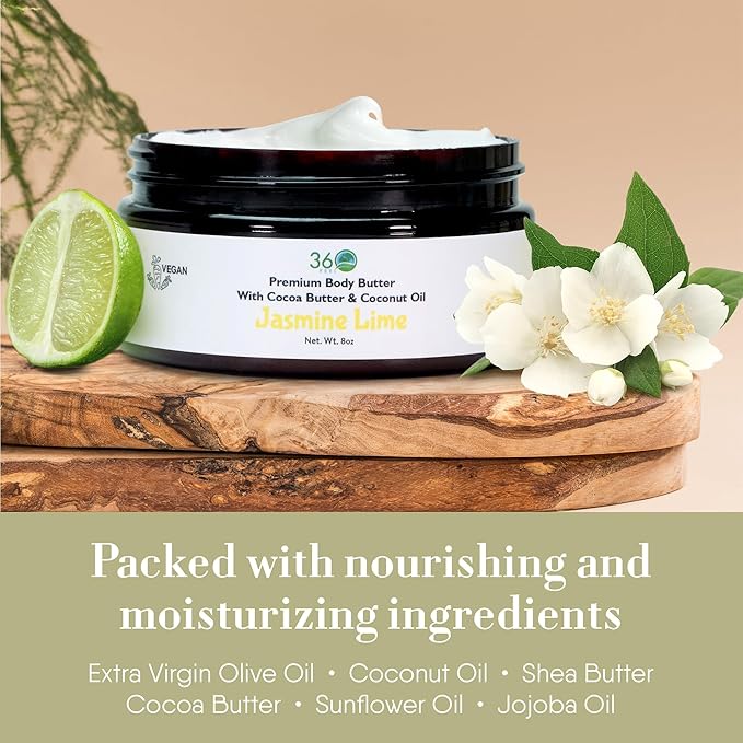 360Feel Jasmine Lime Body Butter - Nourishing and Hydrating Shea Body Butter with a Gentle Formula - Handmade with Essential Oils - Creamy Formula for Daily Use - Zero Harsh Additives - 8 Ounce