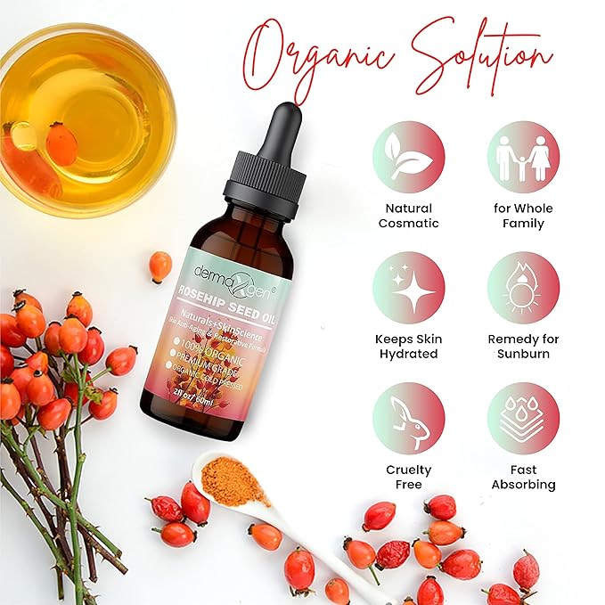 Rosehip Seed Oil 2 Fl Oz -100% Organic & Cold Pressed - Anti-aging Moisturizing Treatment For Face, Hair, Skin & Nails, Acne Scars, Anti-wrinkle.