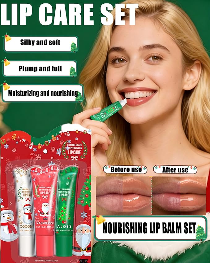 Christmas Moisturizing Lip Balm Gift Set,3 Pcs Hydrating Lip Oil Gloss for Dry Cracked Lips,Non-sticky Long Lasting Clear Jelly Yummy Tint Lipstain Fruit Flavoured Glow Lipcare Oil Women Makeup Gift