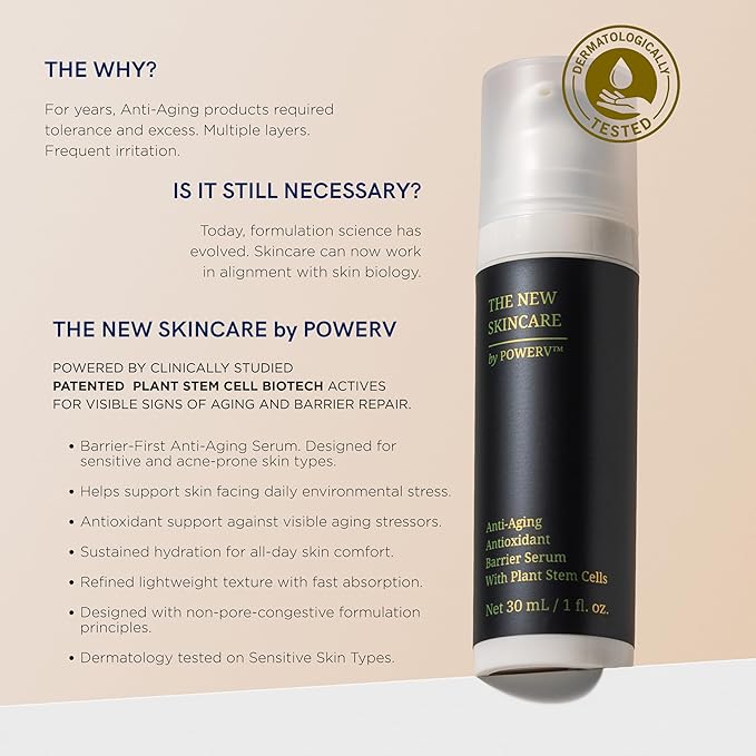 Anti Aging Serum for Sensitive Skin | Stem Cell Serum | Retinol Alternative for Face | Astaxanthin, Beta Glucan, Ceramides | Barrier Repair Serum | Fragrance Free | Dermatologist Tested | PowerV