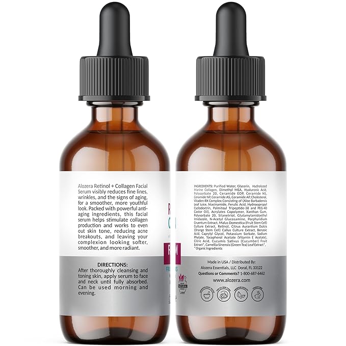 Alozera Retinol Collagen Serum for Face with Plant Stem Cell & Peptides, Anti Aging Facial Serum for Fine Lines & Wrinkles, Tighter & Firmer Skin, Fast-Absorbing, Non-Greasy, Day & Night Serum