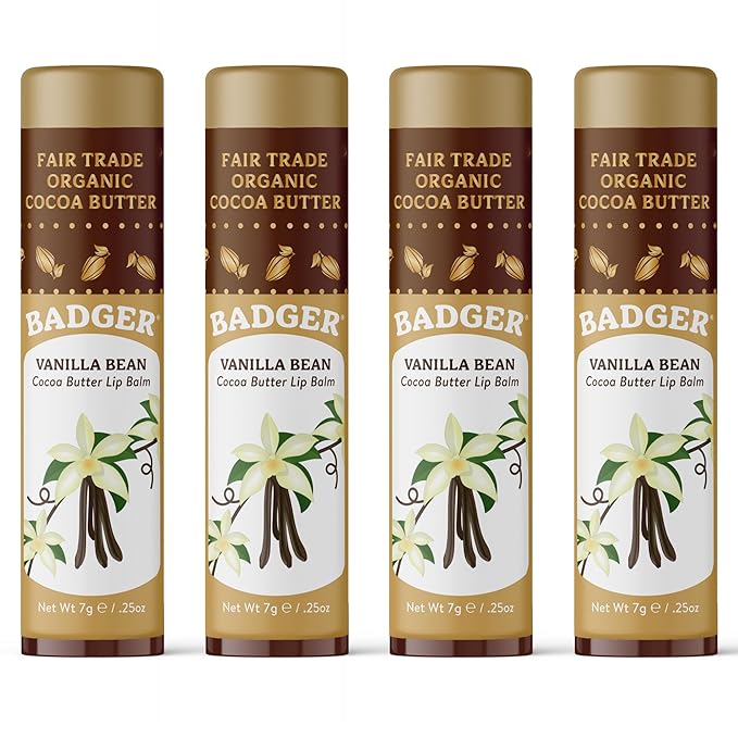 Badger Vanilla Bean Cocoa Butter Lip Balm, Long Lasting Hydrating Lip Care, 100% Organic Lip Balm, Large Size Stick, 4-pack