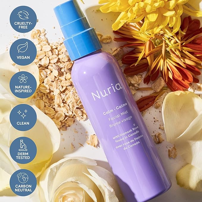 Nuria - Calm Facial Mist, Fragrance-Free Damask Rose Water Spray for Face, Face Mist Spray with Marigold Extract, Oat, and Glycerin, 120mL/4.1 fl oz