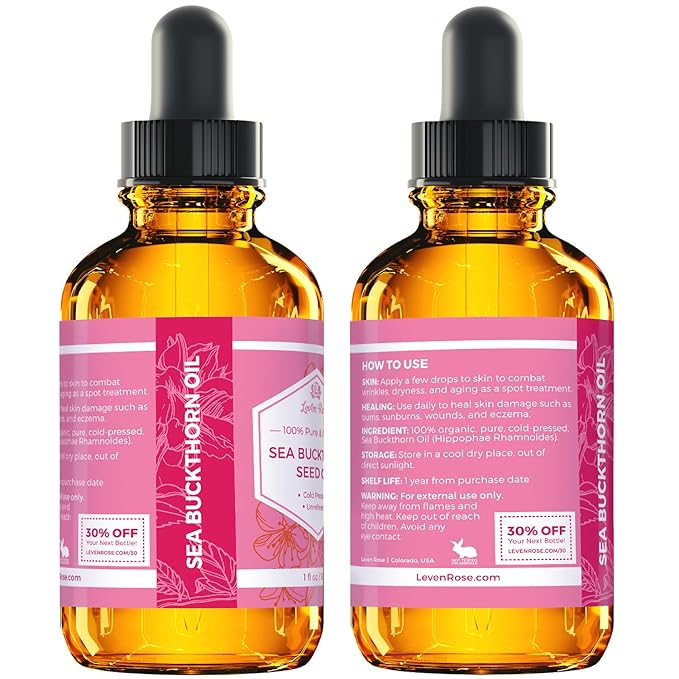Leven Rose Sea Buckthorn Seed Oil, 100% Pure Unrefined Cold Pressed Anti Aging Acne Treatment for Hair Skin and Nails (1 oz)