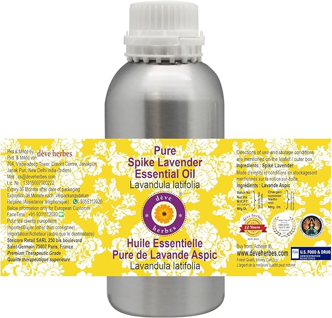 Deve Herbes Pure Spike Lavender Essential Oil (Lavandula latifolia) Steam Distilled 630ml (21 oz)